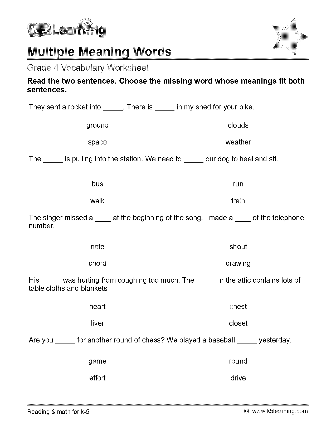 multiple meaning words worksheets solar system